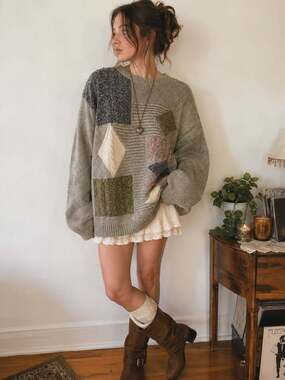 Vintage Parvaneh Tricot Patchwork Knit Sweater Oversized Boho Cottagecore